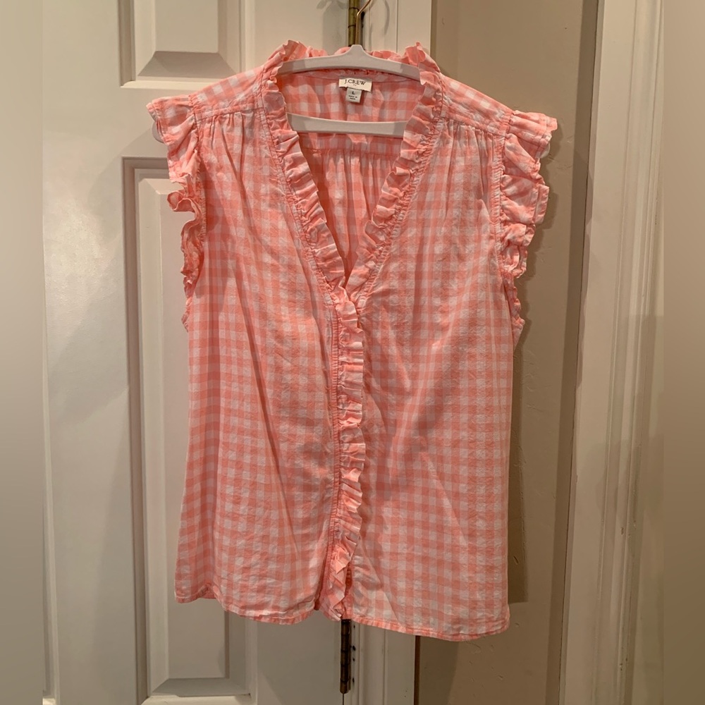 J. Crew Pink Gingham Ruffle Top
